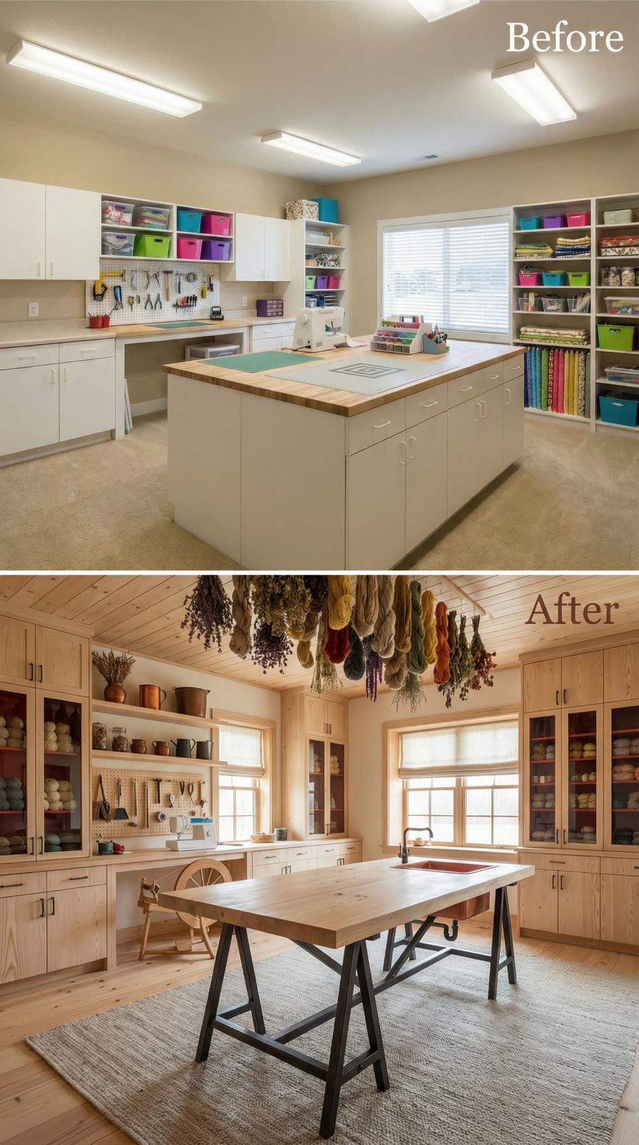 Pegboard Craft Island Surrenders to Blonde Wood Apothecary with Dried Bundles