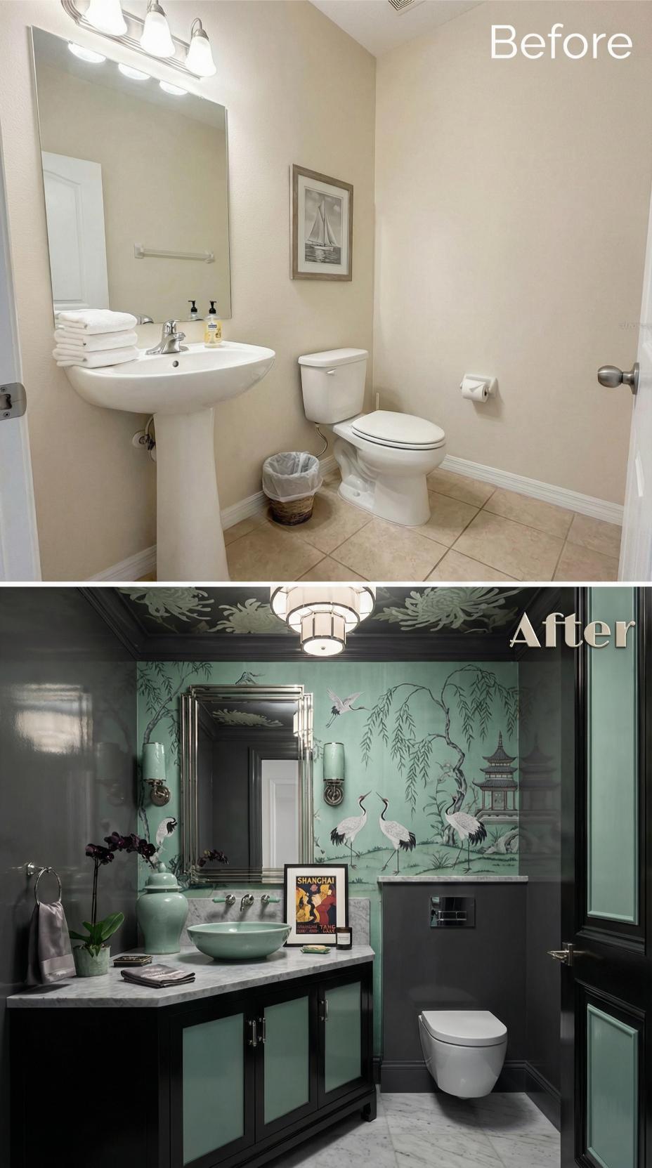 Chinoiserie Wallpaper and Celadon Cabinets Silence Pedestal Beige