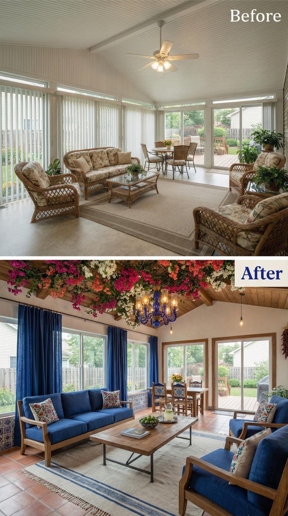 Floral Wicker and Vertical Blinds Vanish for Wood Beams and Cobalt Upholstery