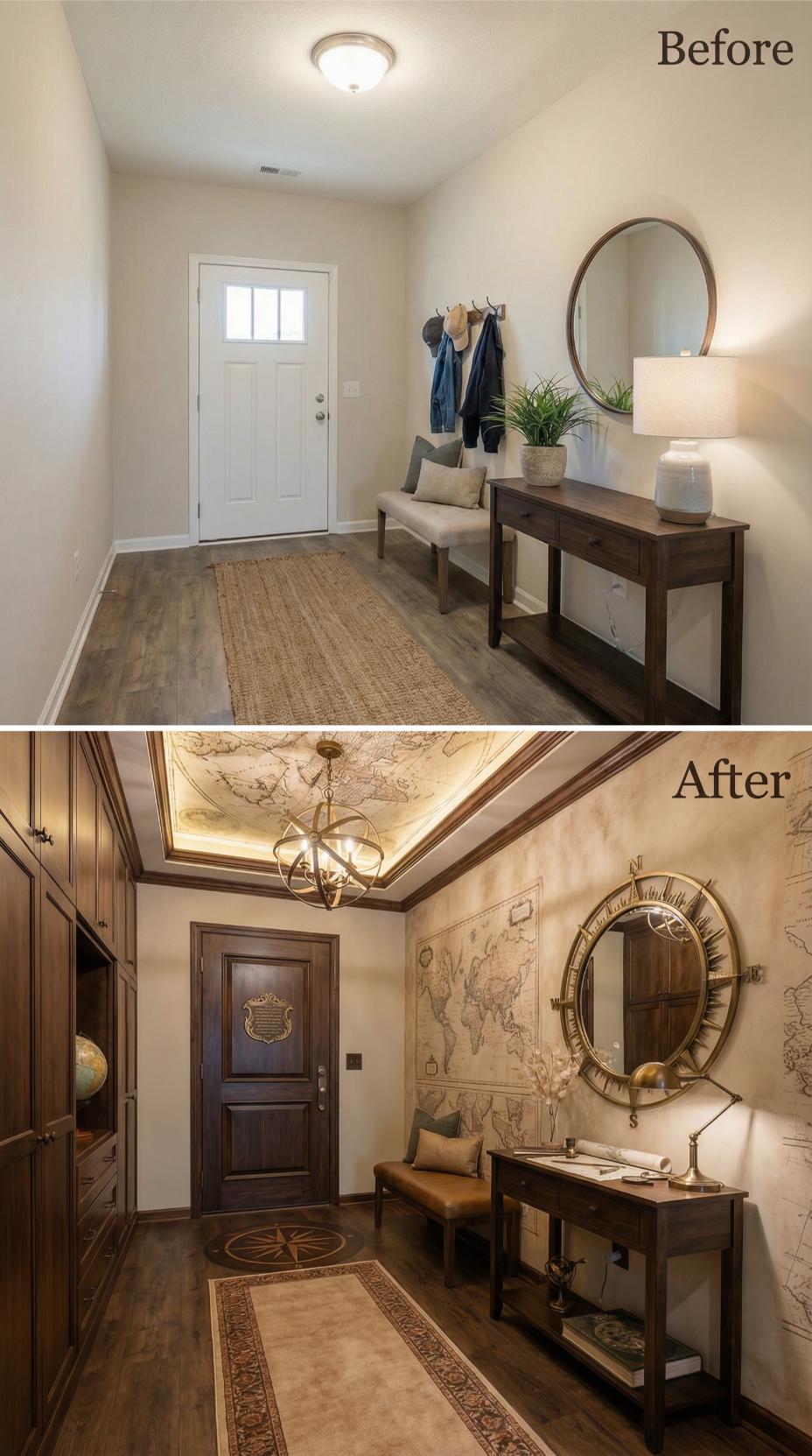 Antique World Map Mural and Compass Inlay Floor Replace Simple Neutral Entry