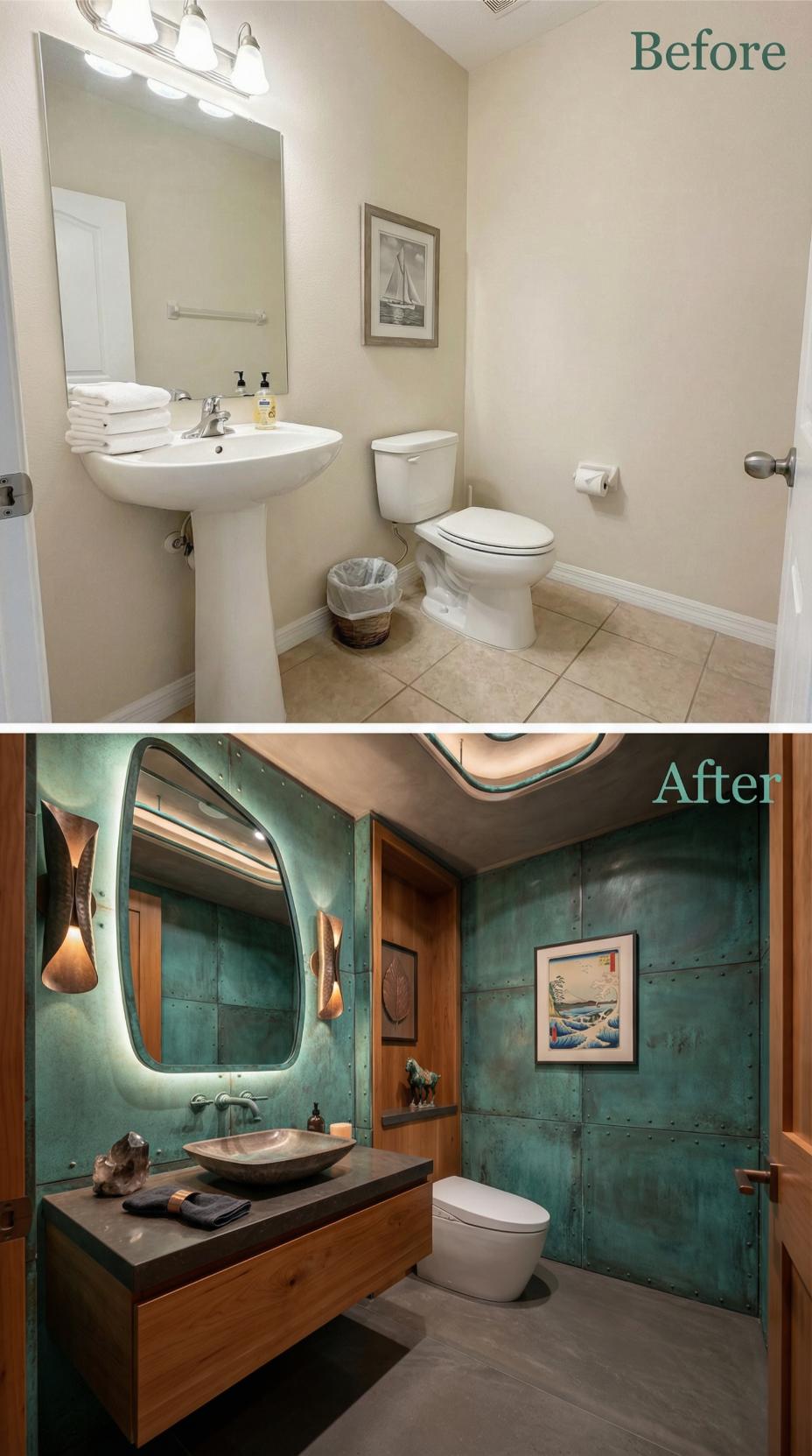 Patinated Copper Panels and Wooden Floating Vanity Eradicate Pedestal Beige