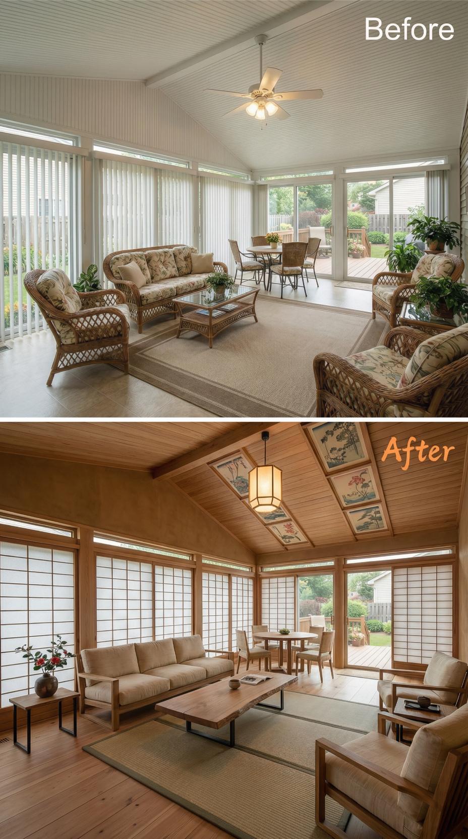 Japanese Shoji Screens Replace Vinyl Verticals in Wood-Paneled Retreat