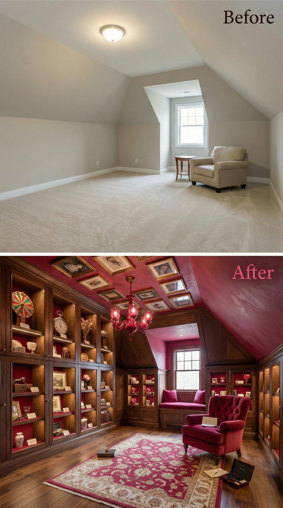 Crimson Memorabilia Library Wraps Window Nook in Dark Wood Cabinets