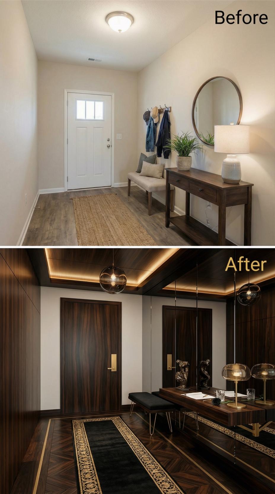 Gold-Trimmed Ceiling Cove and Dark Walnut Veneer Door Replace Simple White Entry