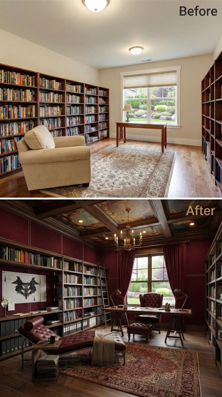 Burgundy Leather and Coffered Ceilings Turn Neutral into Nocturnal