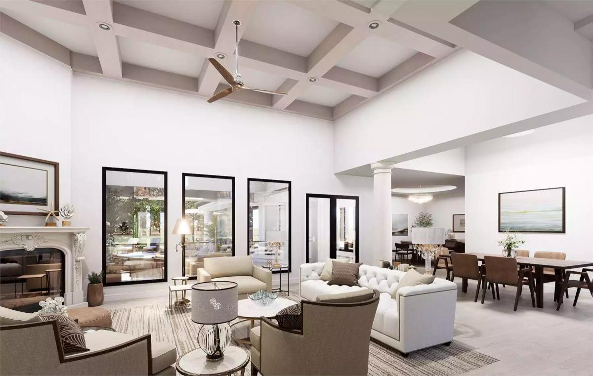 White Coffered Ceilings and Clerestory Windows Give This Open Plan Breathing Room