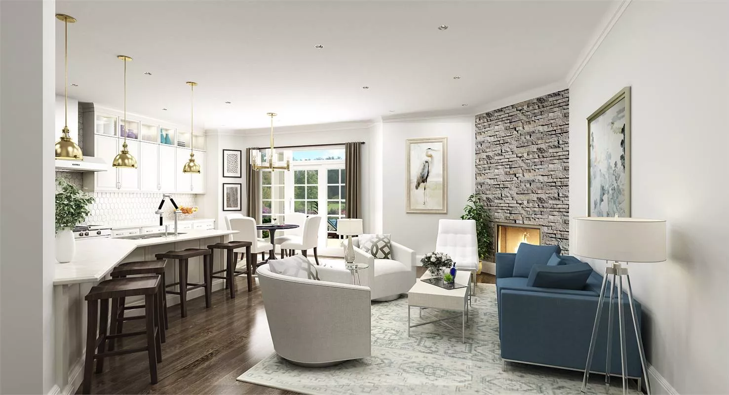 Open-Plan Living with Stone Fireplace and Brass Pendant Kitchen