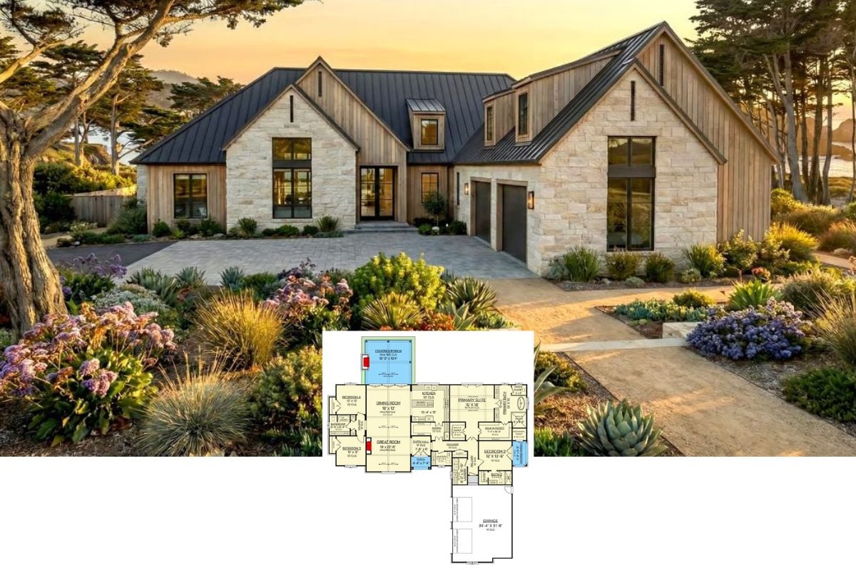 Coastal 4-Bedroom Contemporary Home with Covered Patio and Courtyard Garage (Floor Plan)