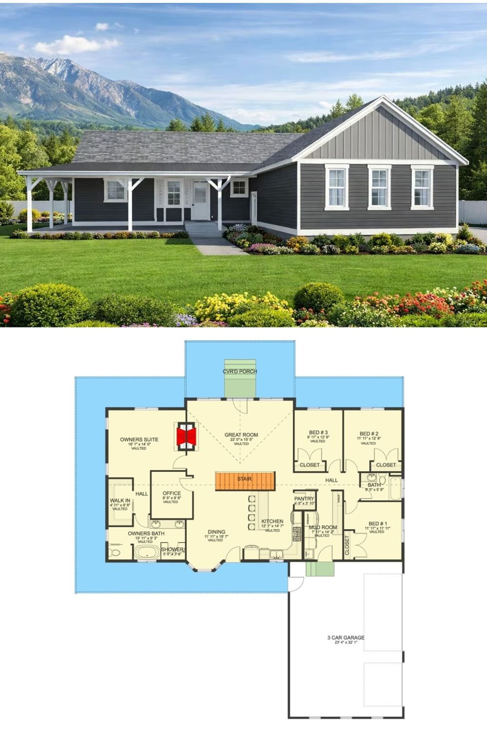 Craftsman-Style Ranch Home with 4 Bedrooms and a Wraparound Porch (Floor Plan)