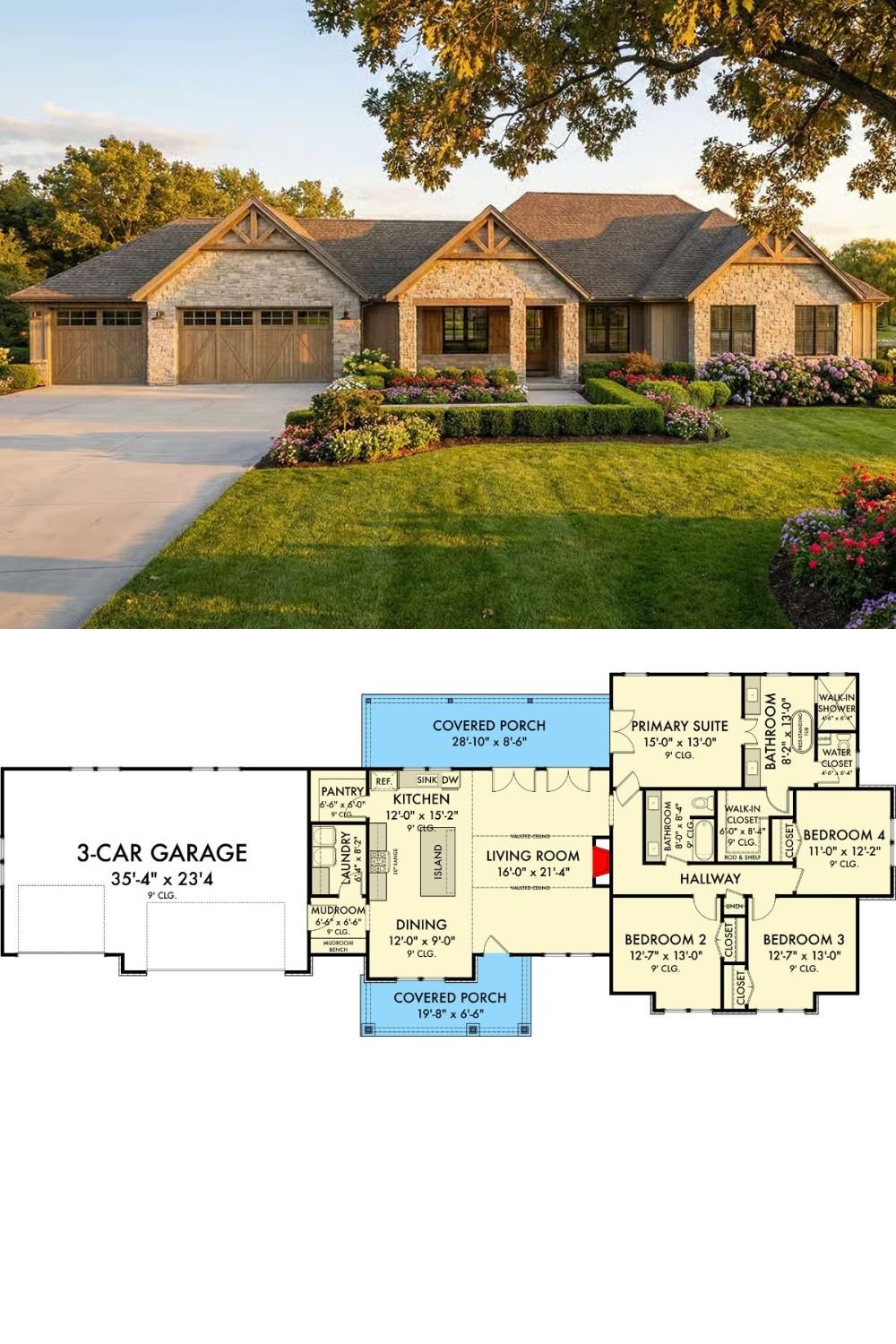 Craftsman 4-Bedroom Ranch for a Wide Lot with 3-Car Garage (Floor Plan)