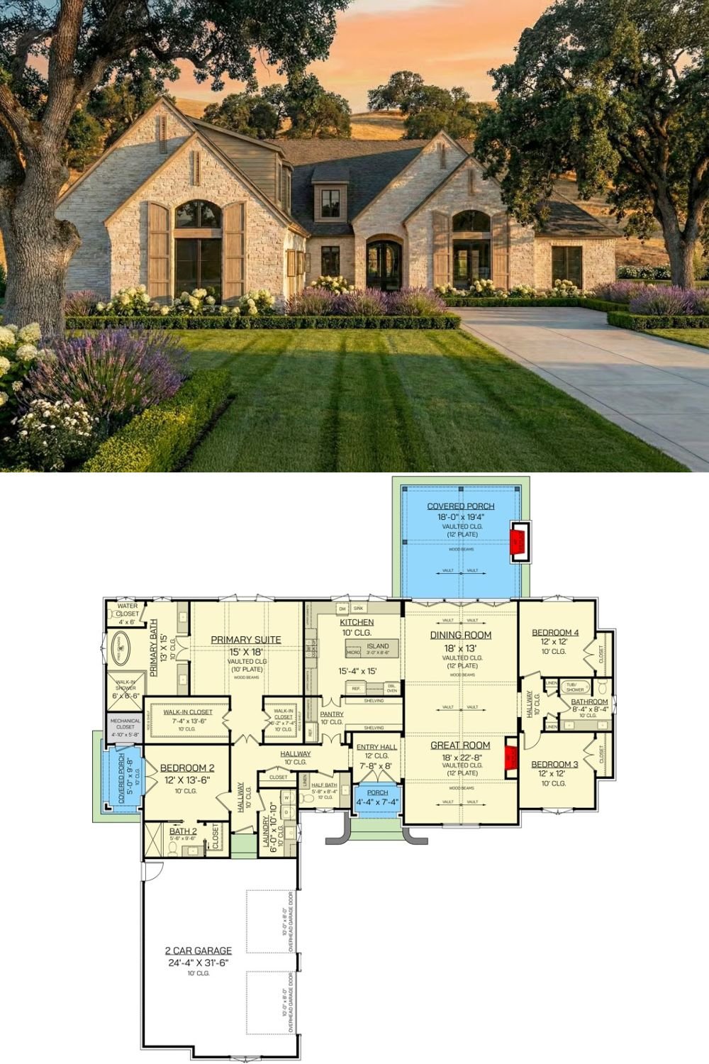 French Country-Style 4-Bedroom Home for a Corner Lot with Open-Concept Living (Floor Plan)