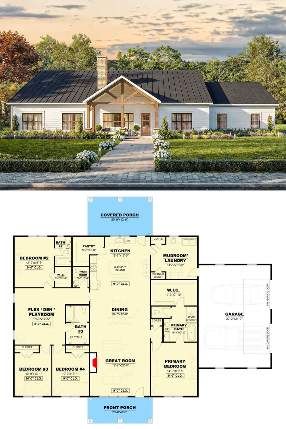 4-Bedroom Modern Farmhouse with Double Garage and Open-Concept Living (Floor Plan)