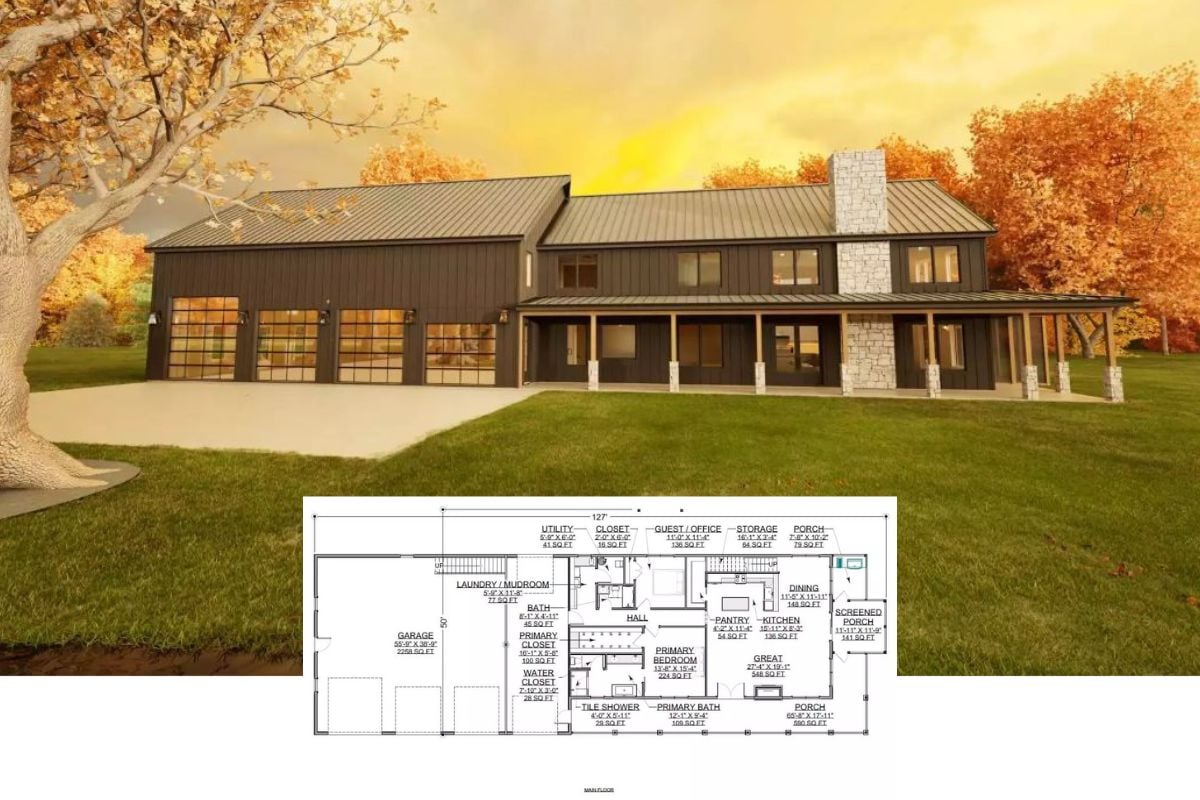 Oakveil Stretch 4-Bedroom Barndominium for a Wide Lot with Loft and Balcony (Floor Plan)