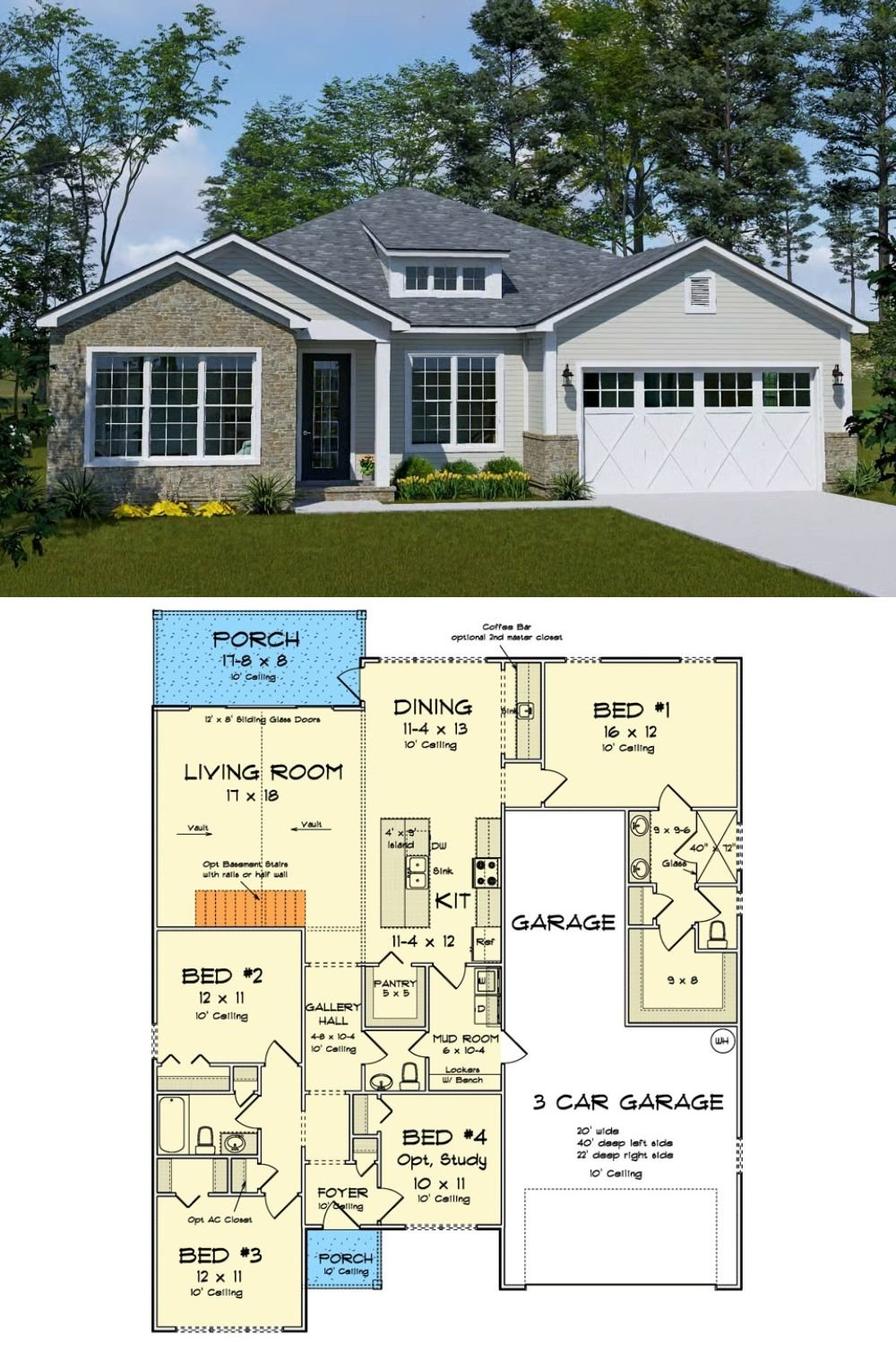 4-Bedroom Ranch with 3-Car Tandem Garage and Covered Patio (Floor Plan)