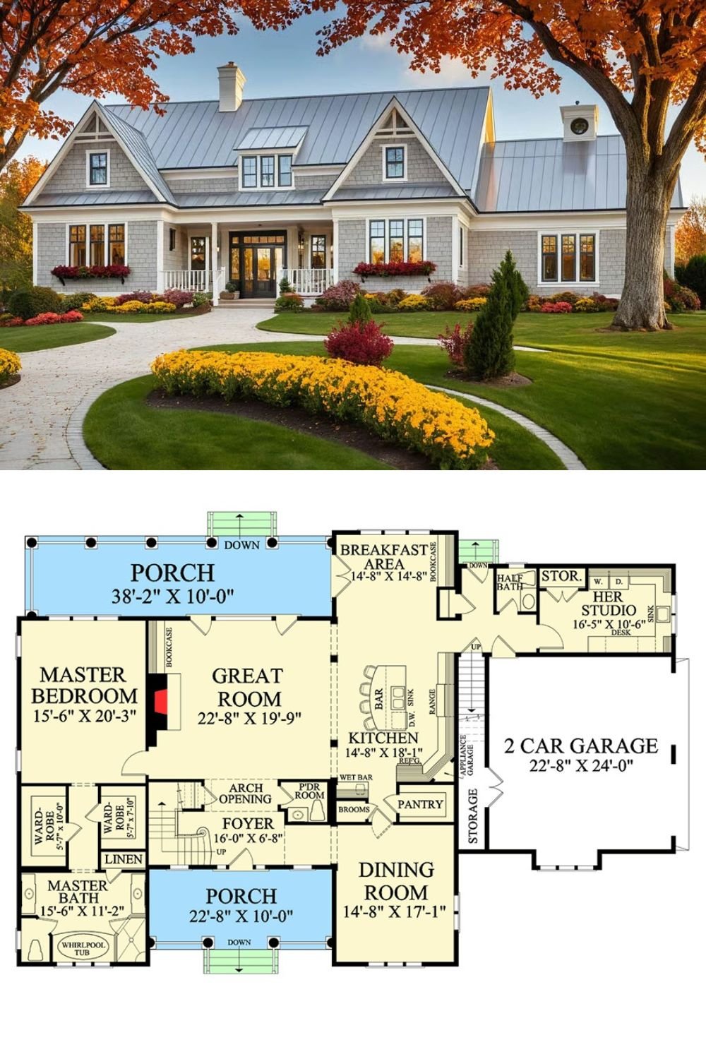 Shingle-Style 4-Bedroom Home with Balcony and Double Garage (Floor Plan)