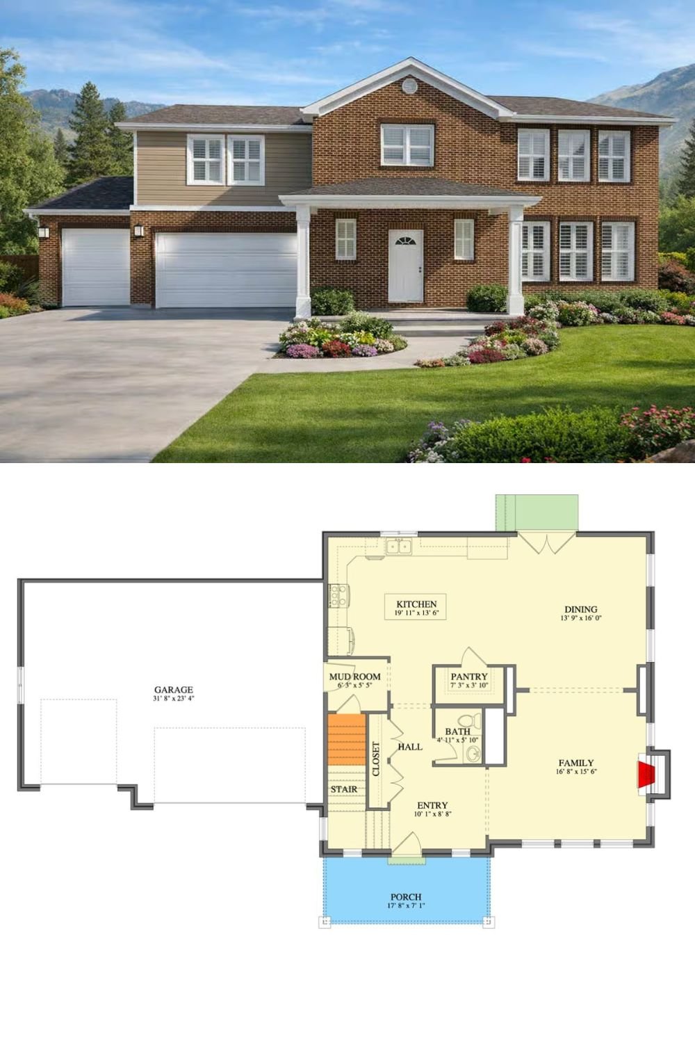 4-Bedroom Traditional Home with 3-Car Garage and Basement Expansion (Floor Plan)