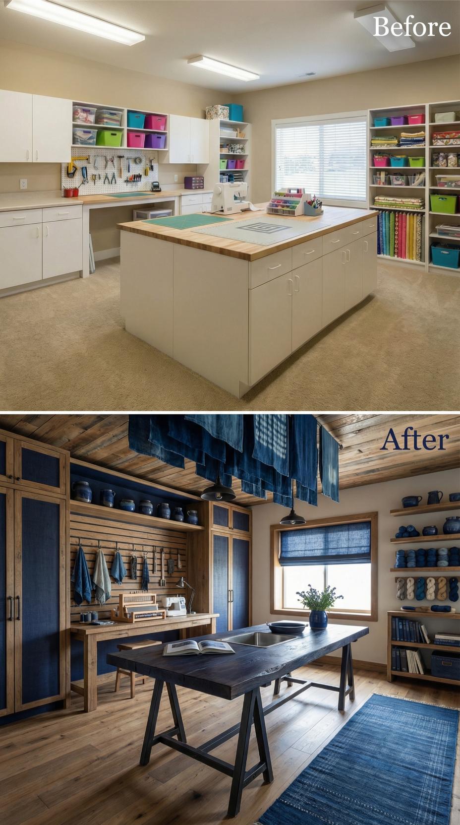 Colorful Plastic Bins Give Way to Navy Cabinetry and Raw Wood Ceiling
