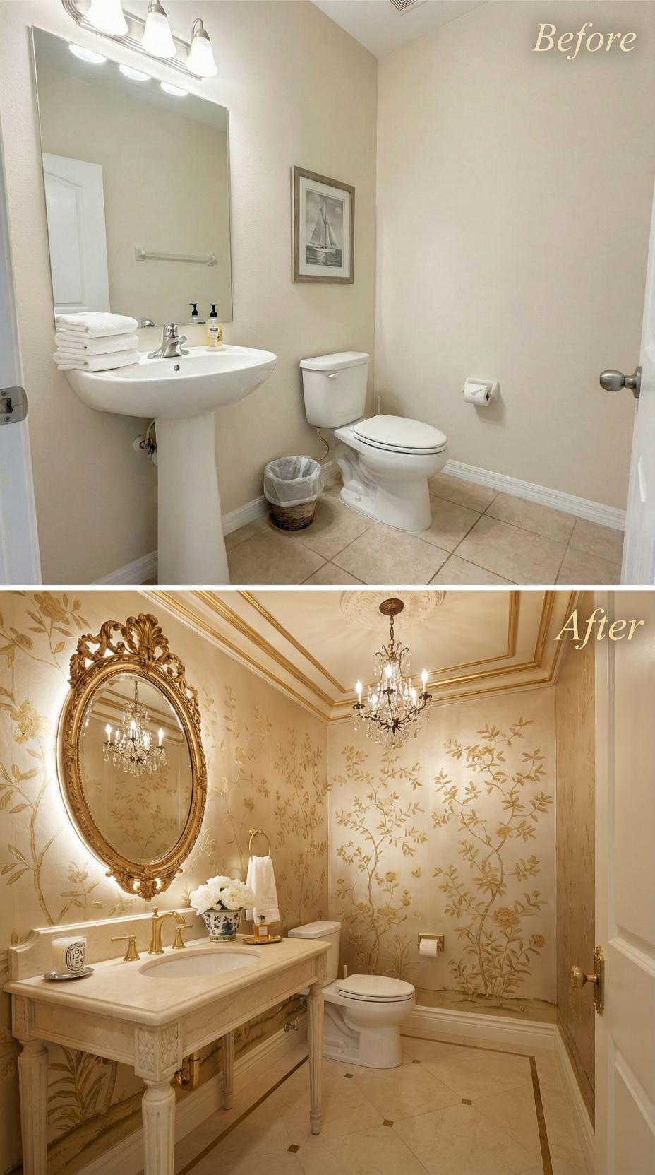 Plain Pedestal Displaced by Ornate Console and Chinoiserie Wallpaper