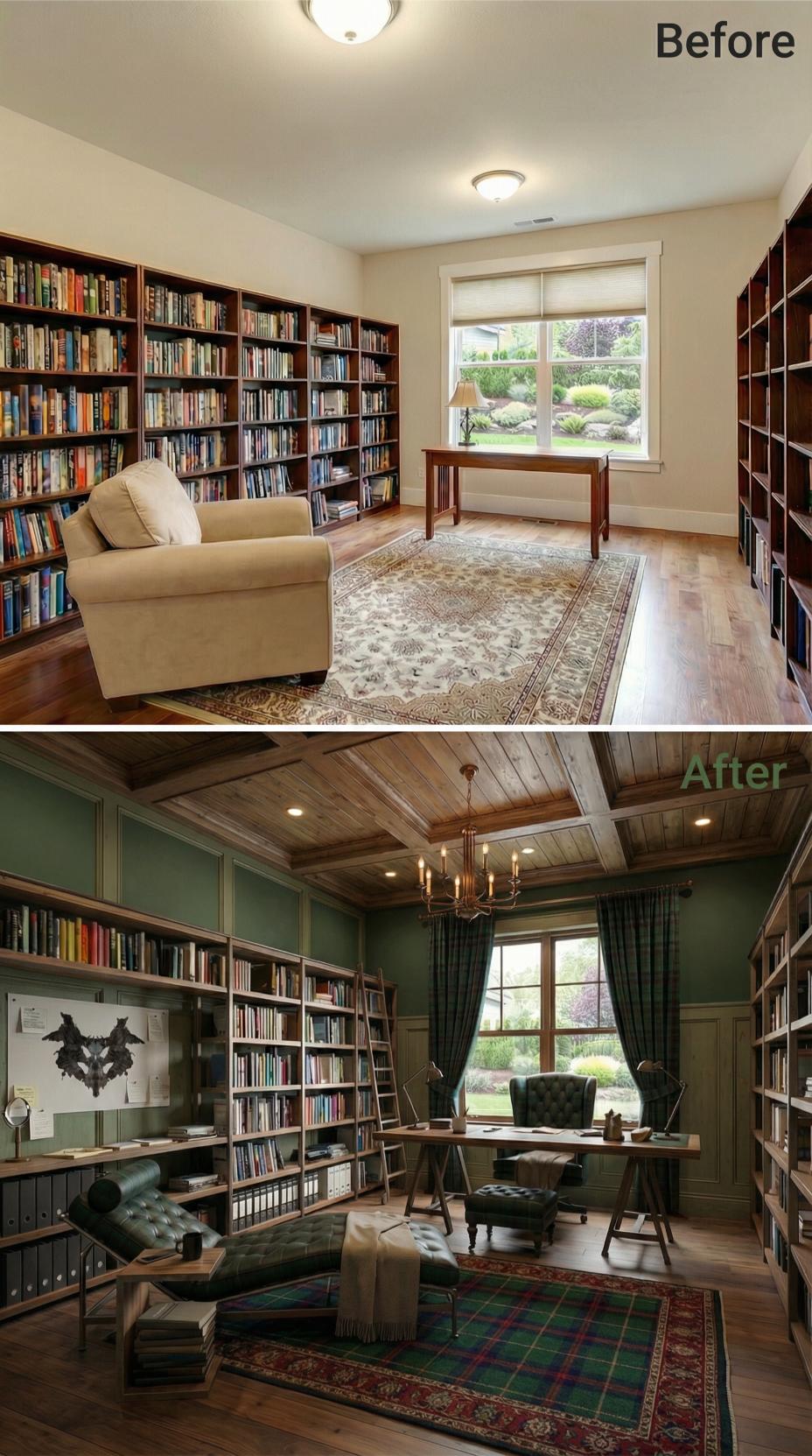 Sage Wainscoting and Coffered Wood Planks Replace Contractor Beige