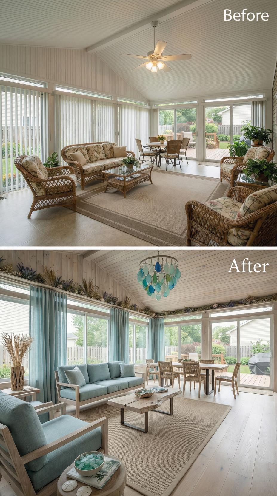 Coastal Blues Replace Beige Wicker and Vertical Blinds