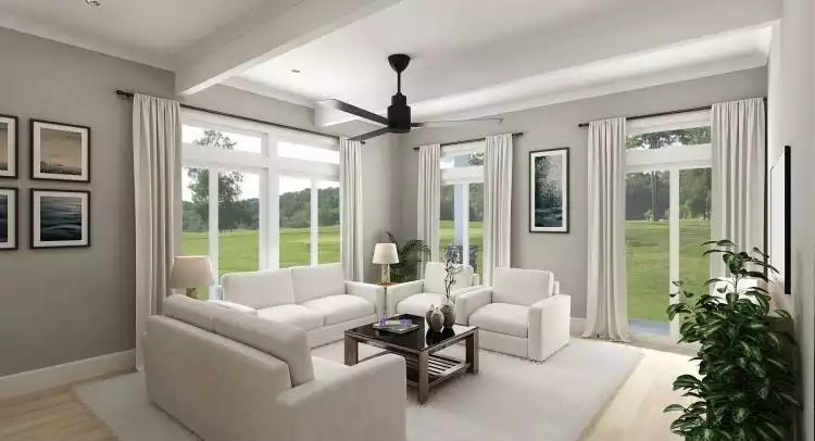 White Shiplap Ceilings and Gray Walls Frame a Living Room That Breathes