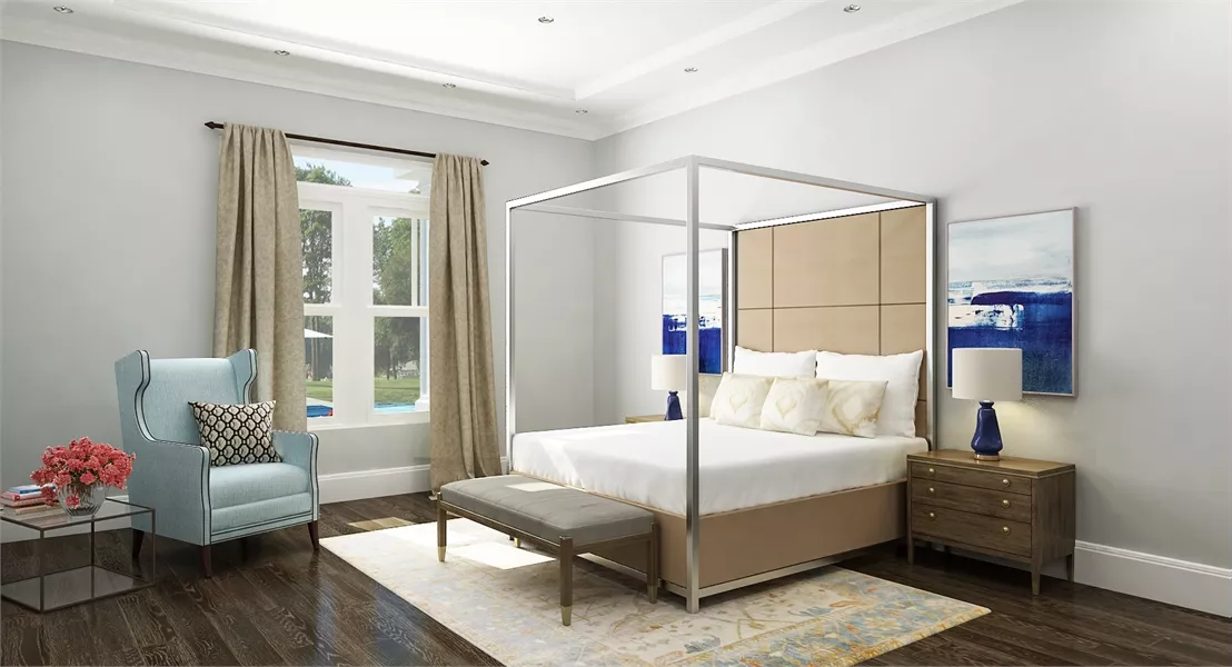 Canopy Bed Bedroom with Upholstered Headboard and Pool Views