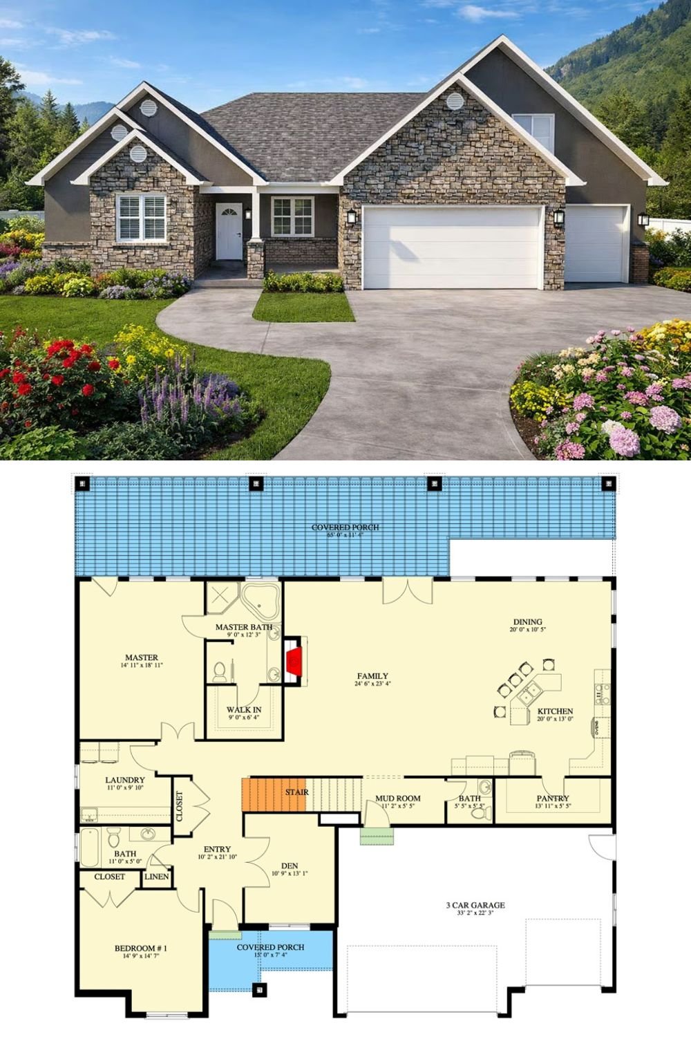 5-Bedroom Craftsman Home with 3-Car Garage and Bonus Room (Floor Plan)