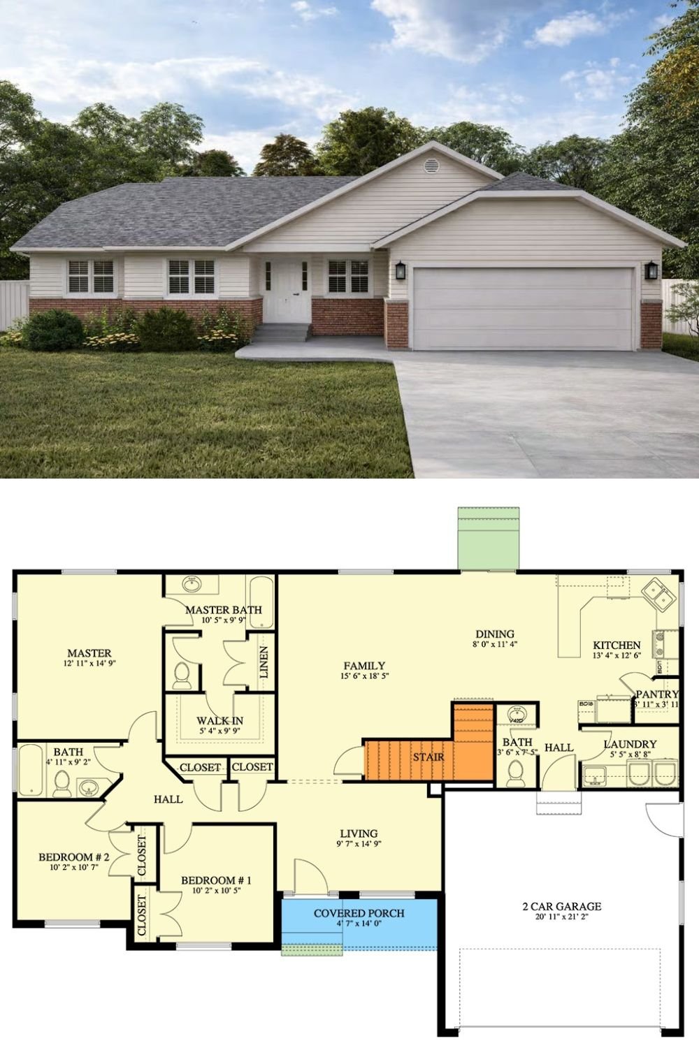 Craftsman-Style 3-Bedroom Ranch with Front Porch and Basement Expansion (Floor Plan)