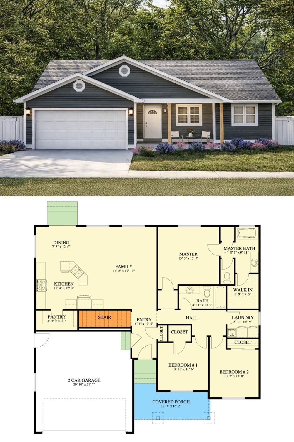 Traditional 5-Bedroom Ranch with Front Porch and Finished Basement (Floor Plan)