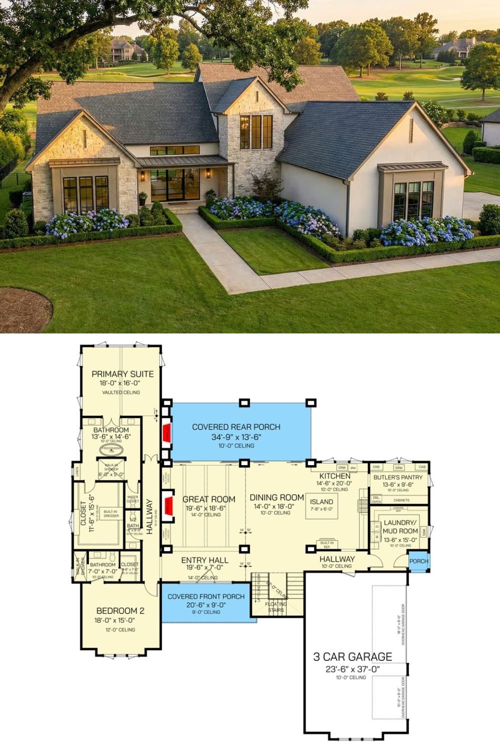 Transitional 5-Bedroom Farmhouse with Loft and 3-Car Garage (Floor Plan)