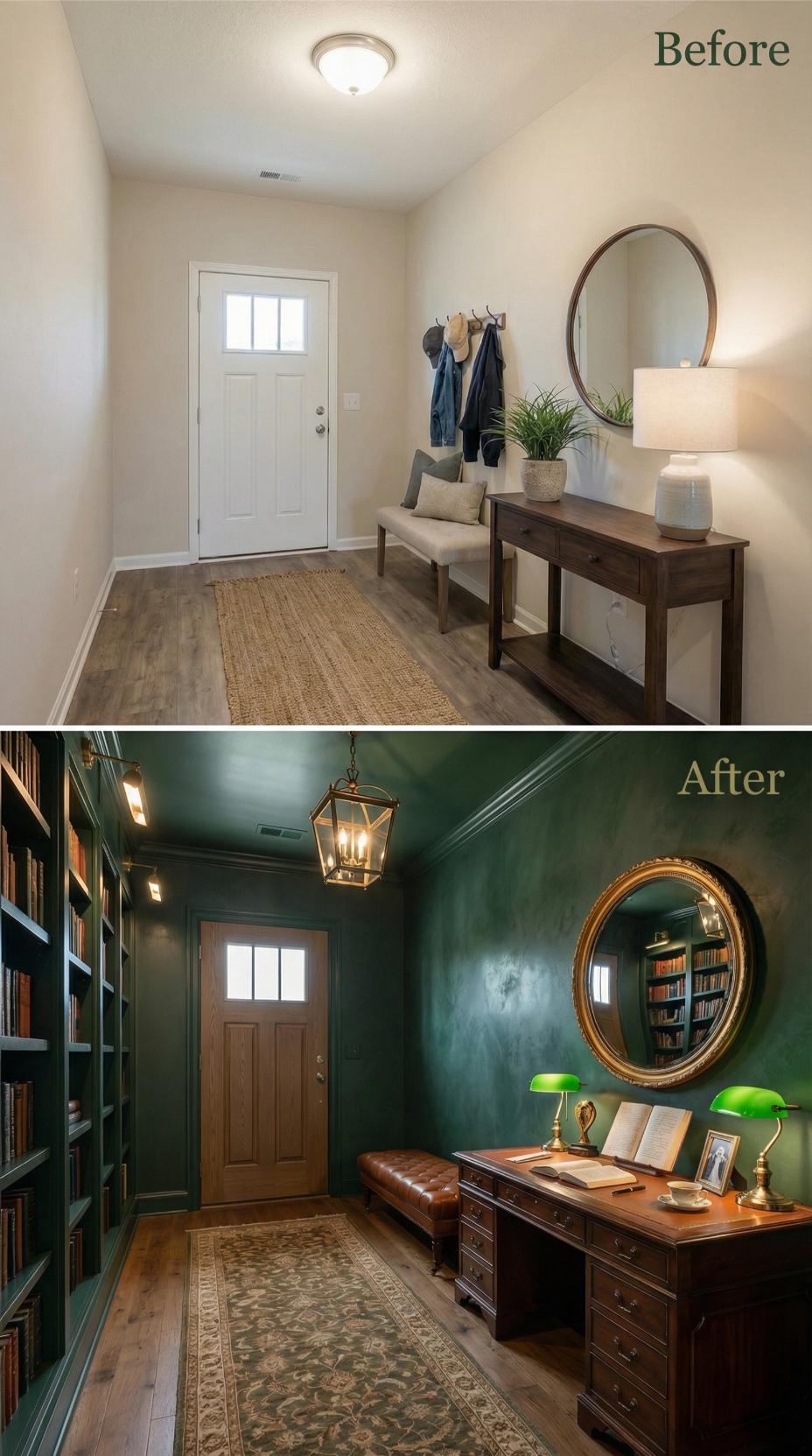 Rich Teal Library Walls and Gold Accents Convert Neutral Foyer