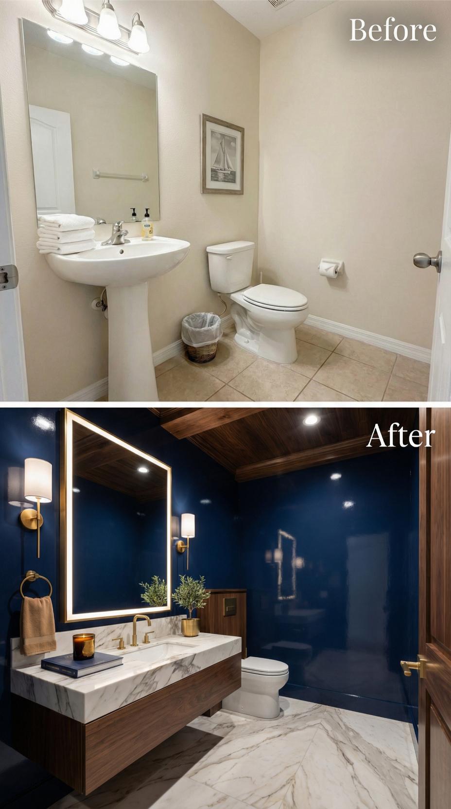 Navy Lacquer Walls Replace Beige in a Bold Powder Room Pivot