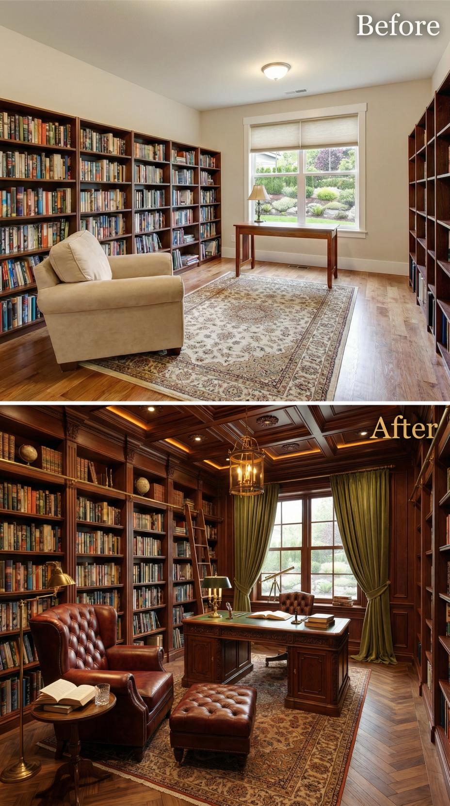 Library Ladder and Coffered Mahogany Replace Contractor White
