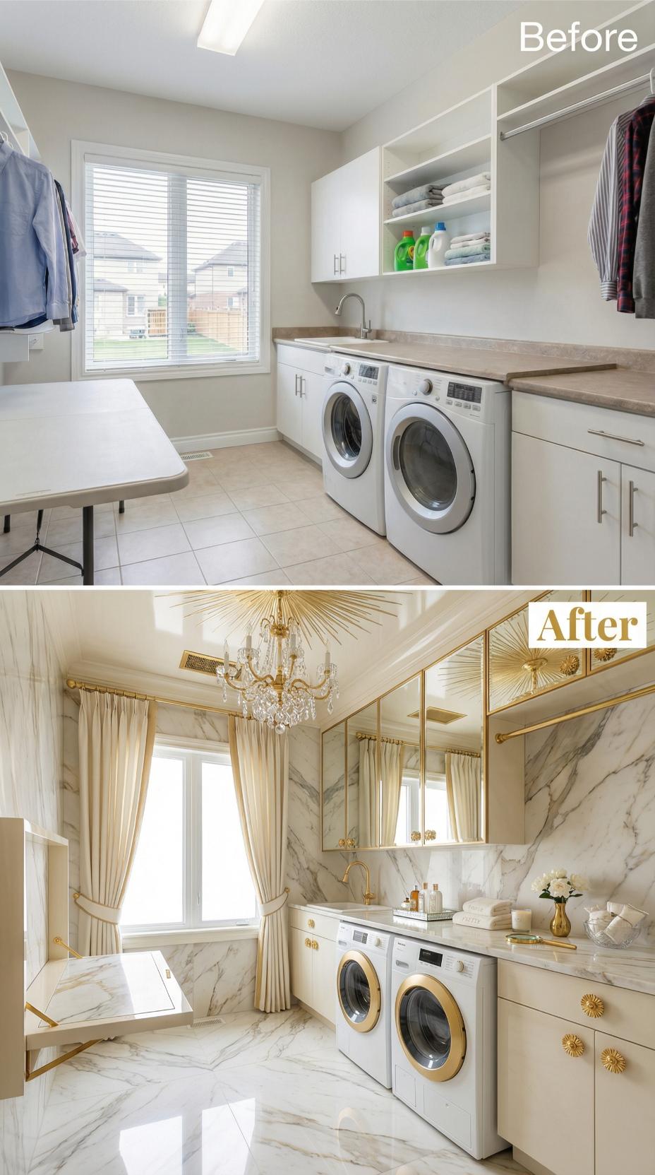 Gold-Veined Marble and Crystal Chandelier Replace Tan Laminate