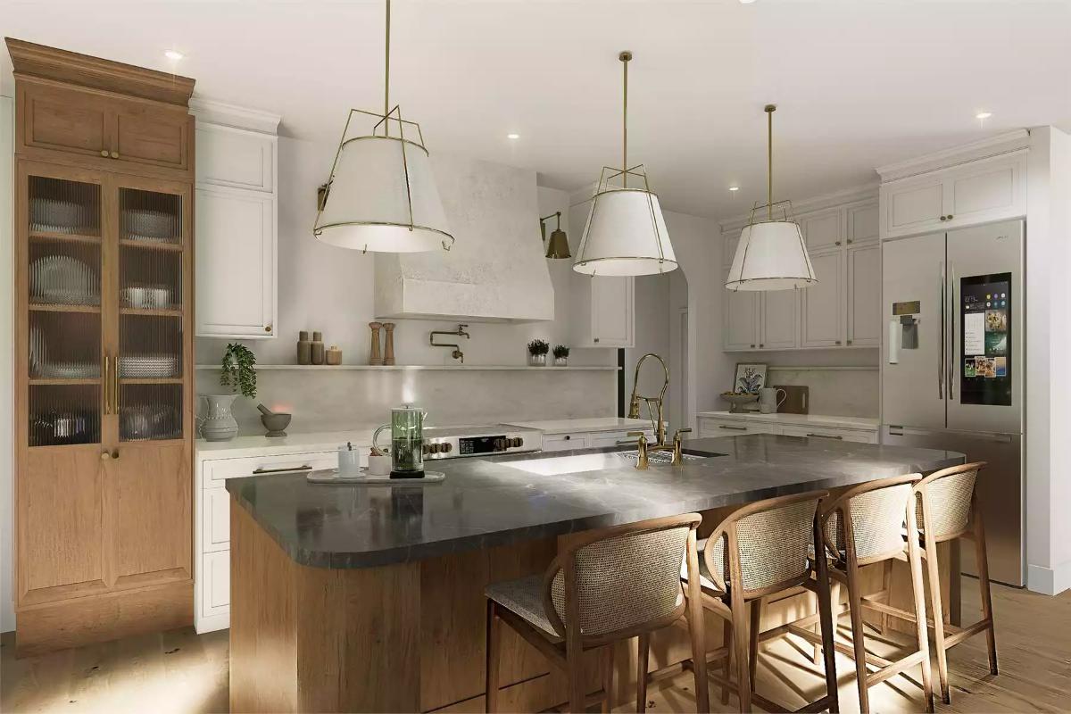 Three Pendant Lights With Brass Frames Mark the Island as Command Center