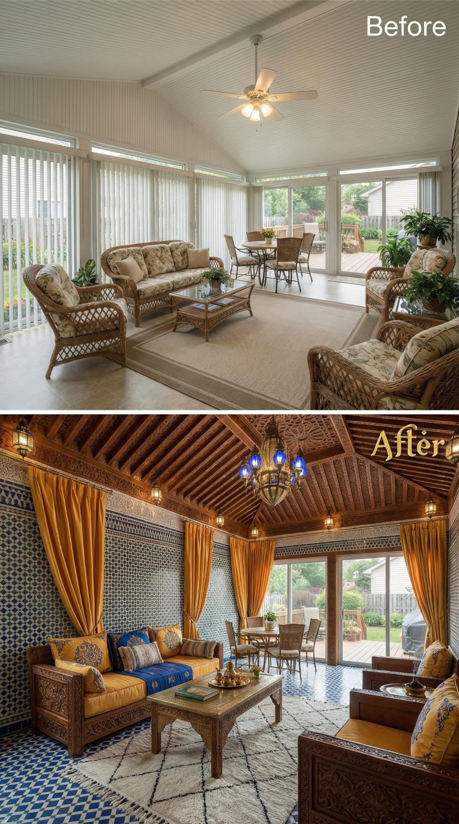 Beige Beadboard and Vertical Blinds Displaced by Moroccan Zellige and Carved Teak