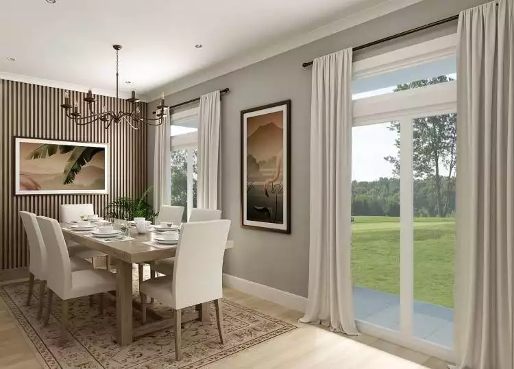 Vertical Slat Paneling Divides the Dining Room Without Closing It Off