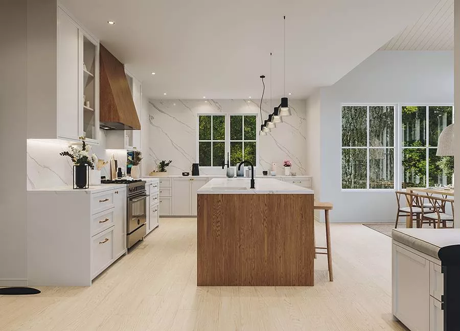 Marble Slabs Climb the Kitchen Walls to Frame the Range in One Continuous Sweep