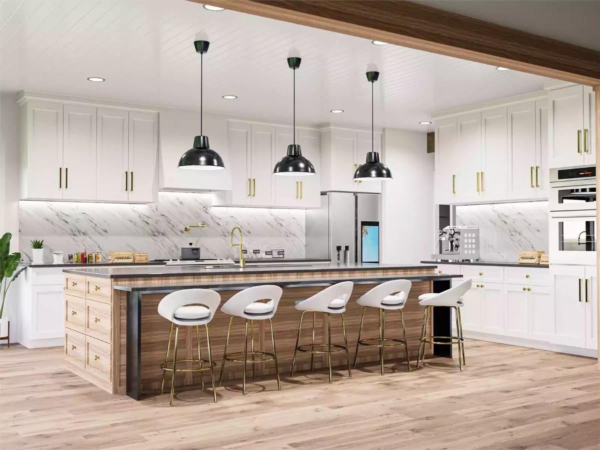 Modern Farmhouse Kitchen with Marble Backsplash and Wood Island Seating