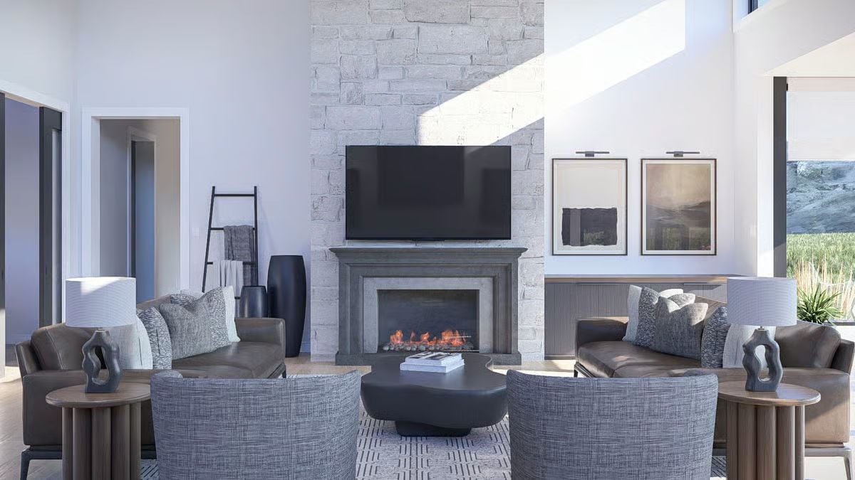 Contemporary Living Room with White Brick Fireplace and Vaulted Ceiling
