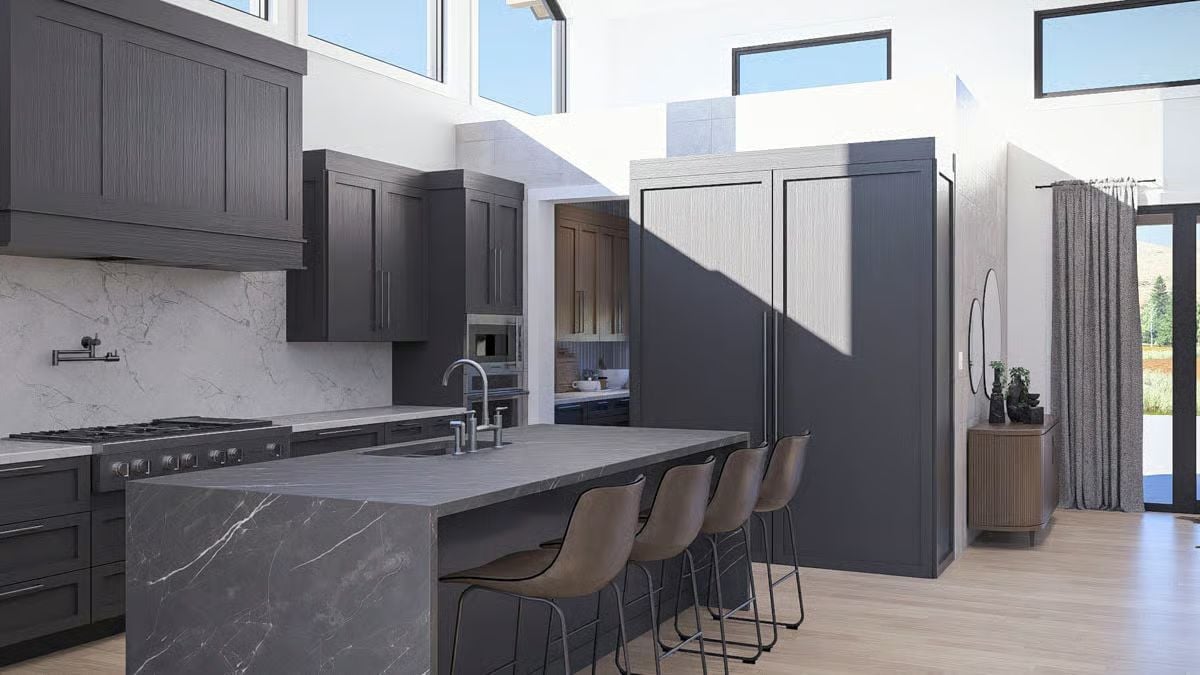 Modern Kitchen with Charcoal Cabinetry and Marble-Effect Island Seating