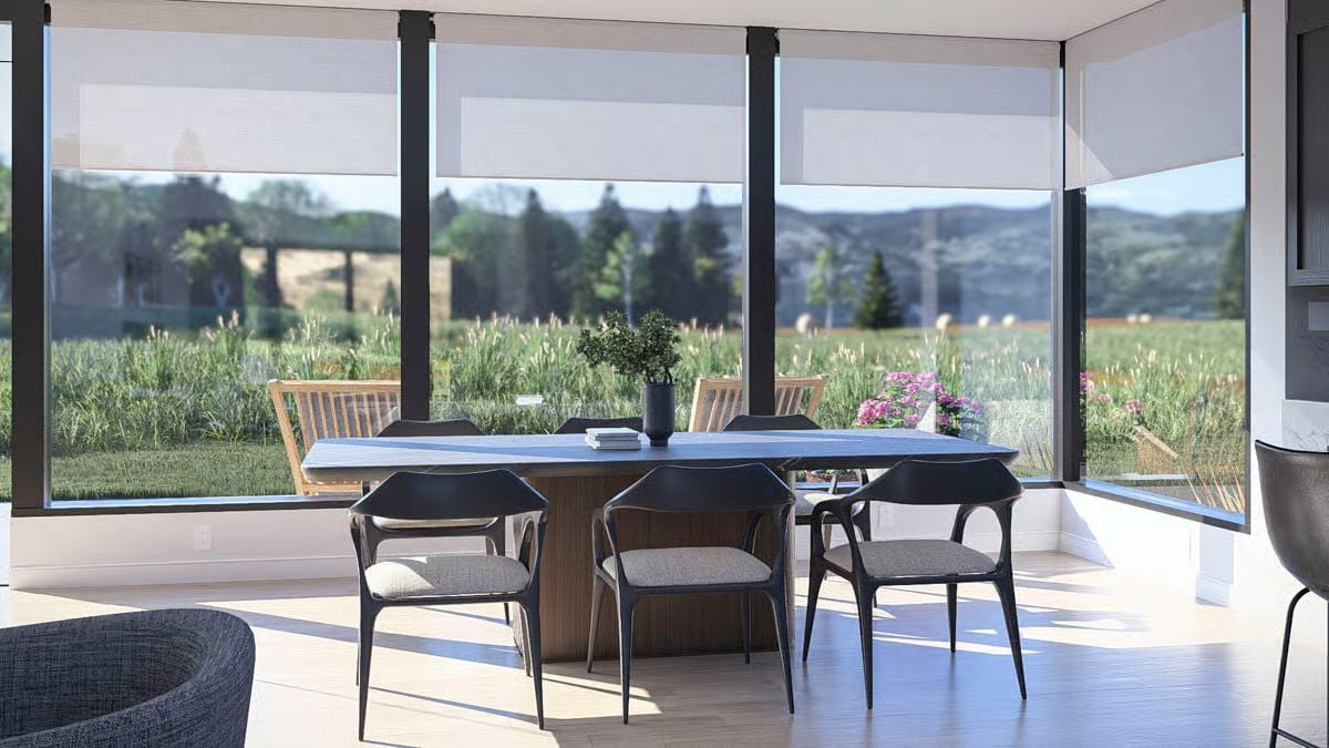 Dining Space with Floor-to-Ceiling Windows Framing Rural Farmland Views