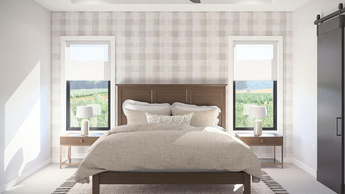 Bedroom Retreat with Buffalo Check Accent Wall and Twin Field Views
