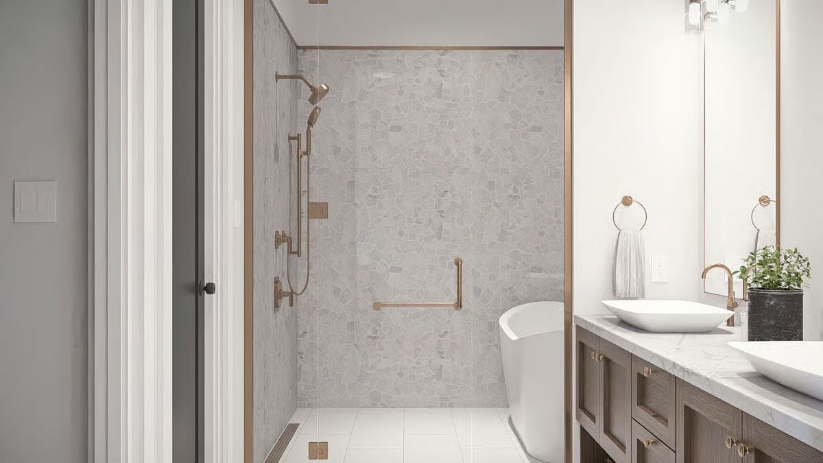 Primary Bathroom with Walk-In Shower and Dual Vessel Sink Vanity