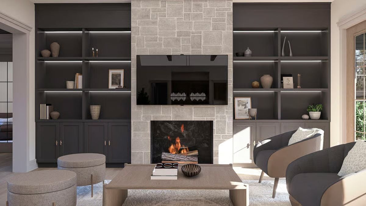 Built-In Shelving Flanks the Fireplace and Gives This Living Room Symmetry