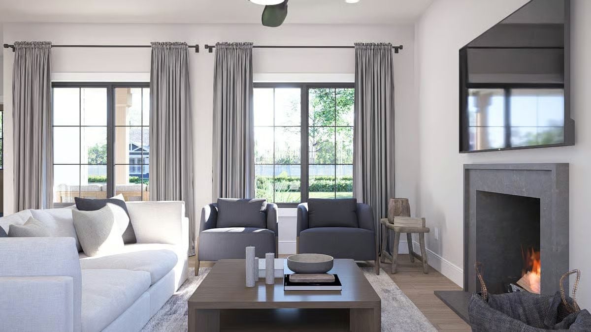 Modern Living Room with Steel Fireplace and Gray Drapery