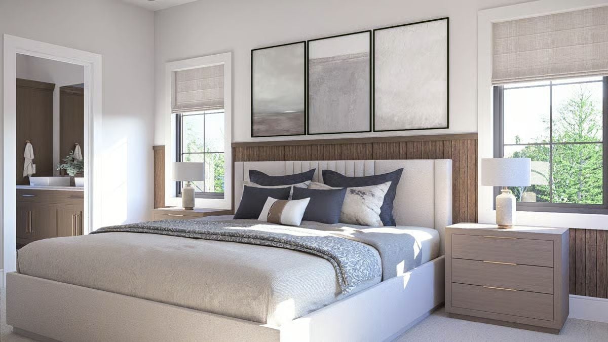 Primary Bedroom with Vertical Wood Paneling and Abstract Triptych