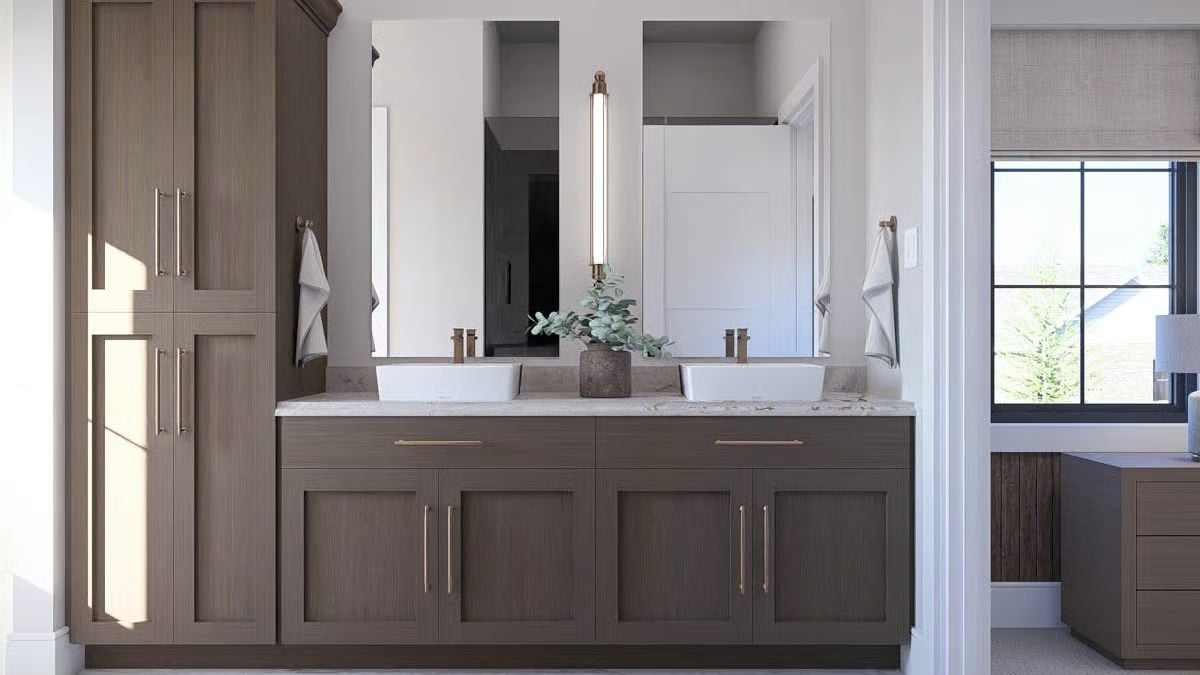 Double Vanity with Vessel Sinks and Taupe Cabinetry