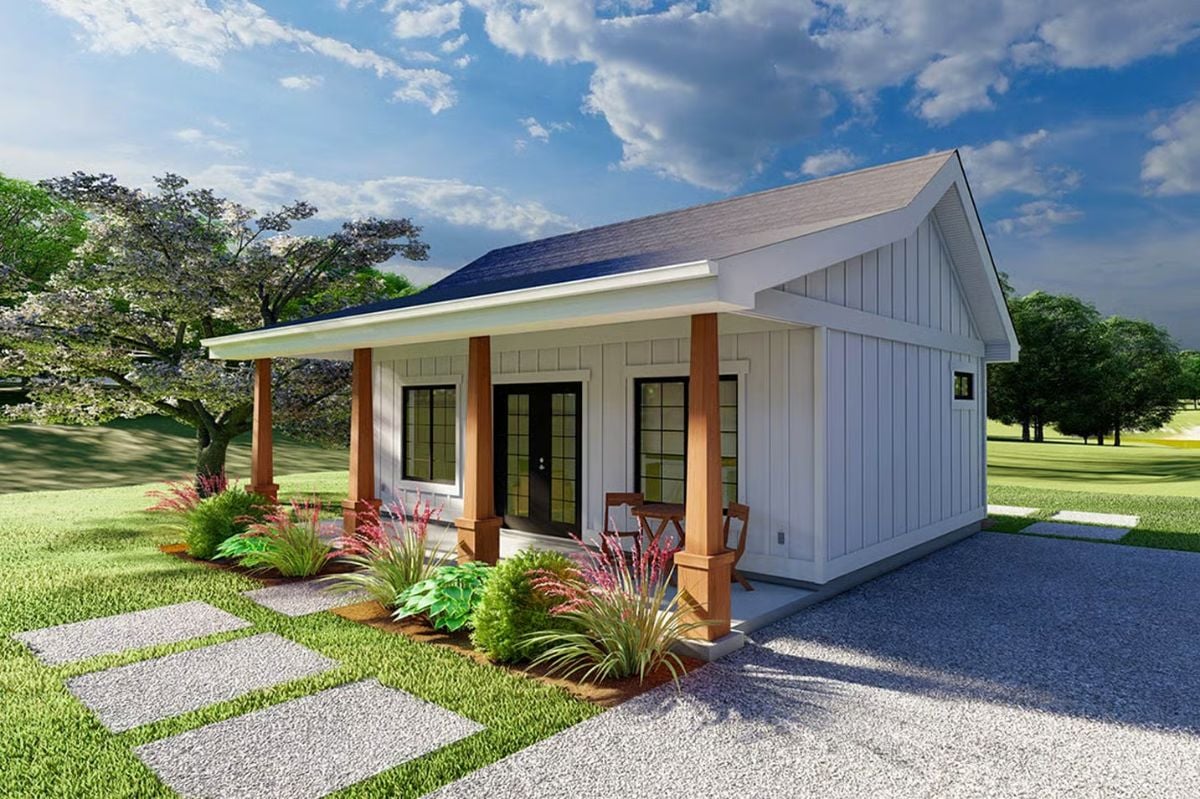 White Board-and-Batten Exterior with Covered Porch and Natural Wood Accents
