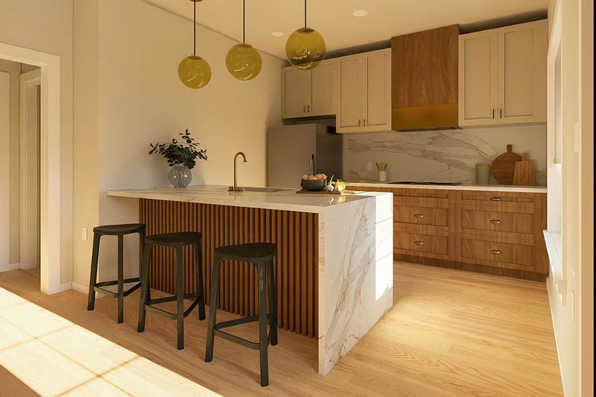 Warm Wood and Marble Kitchen with Fluted Island and Pendant Lighting